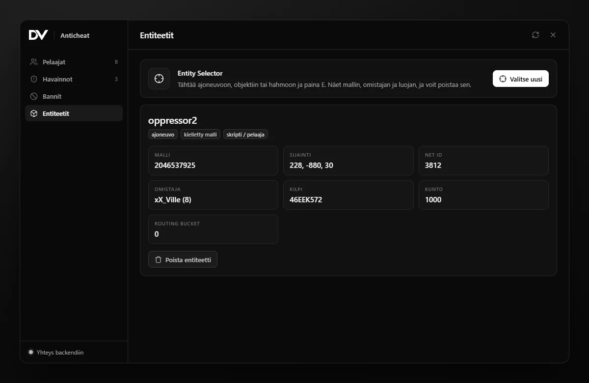 Entity Selector: valitun ajoneuvon malli, kielletyn mallin merkintä, omistaja, sijainti, kilpi ja poistopainike